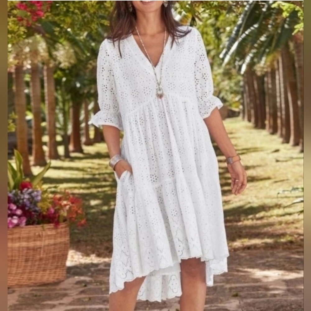 Sundance Jasmine Dress Eyelet‎ Tiered Puff Sleeve Pockets Lined M  Cottagecore